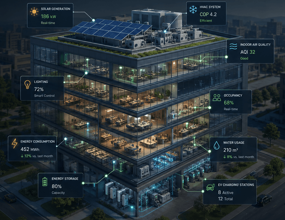 Digital twin view of a smart building showing HVAC, solar generation, occupancy, water usage, energy storage, and charging station telemetry.